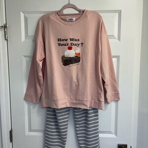 Adorable Miffy🐰💗Pink Long Sleeve with Gray and White Striped Pants Pajama Set